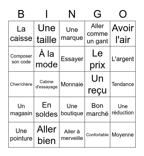 Faire du shopping Bingo Card