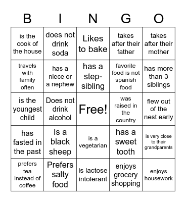 Food Vs. Family Bingo Card