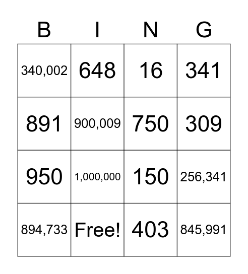 Large numbers Bingo Card