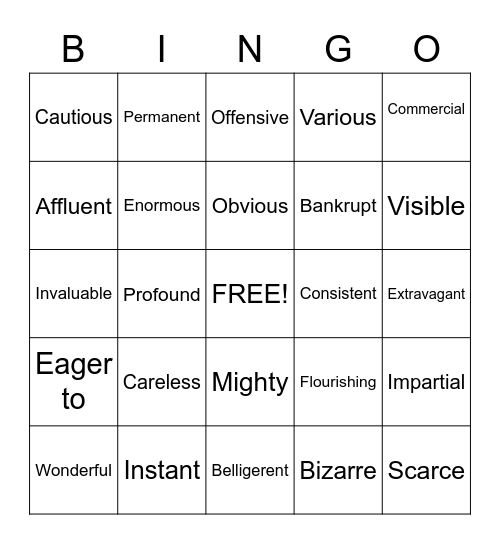 Vocabulary Bingo Card