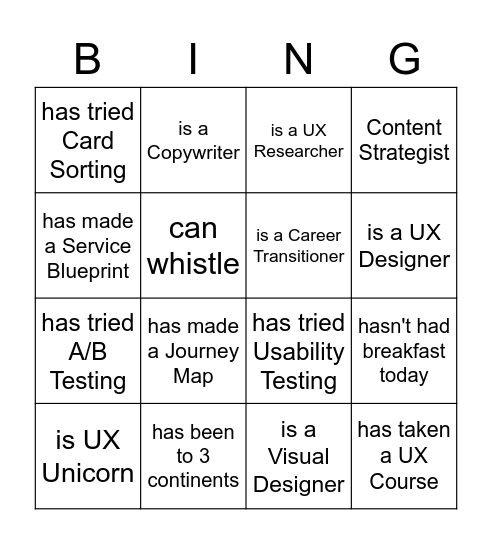 UXPH Human Bingo: Find someone who Bingo Card