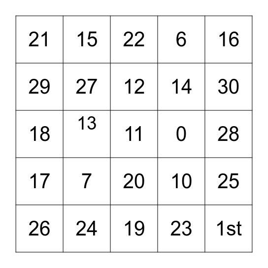 Calendar Los Números Bingo Card