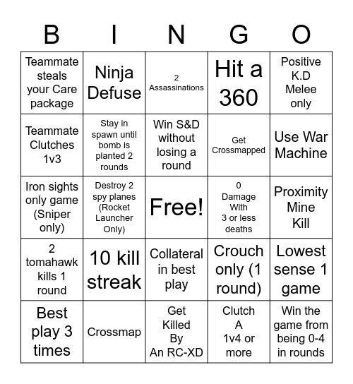 Cold War Multiplayer Bingo Card