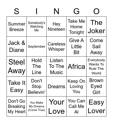 Music Bingo - Yacht Rock Bingo Card