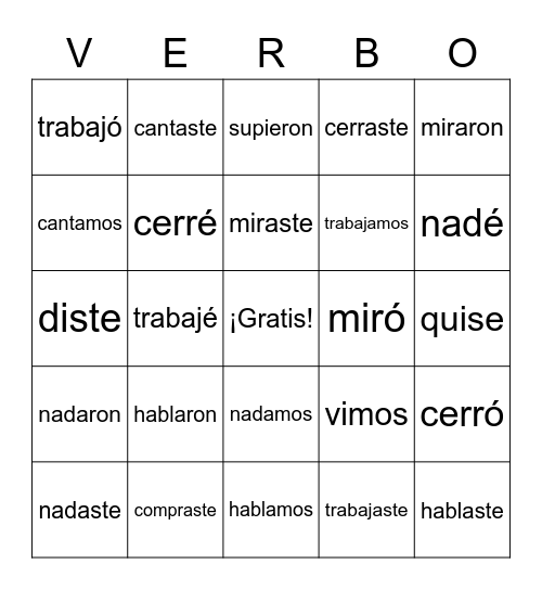 Los verbos en el pretérito -AR Bingo Card