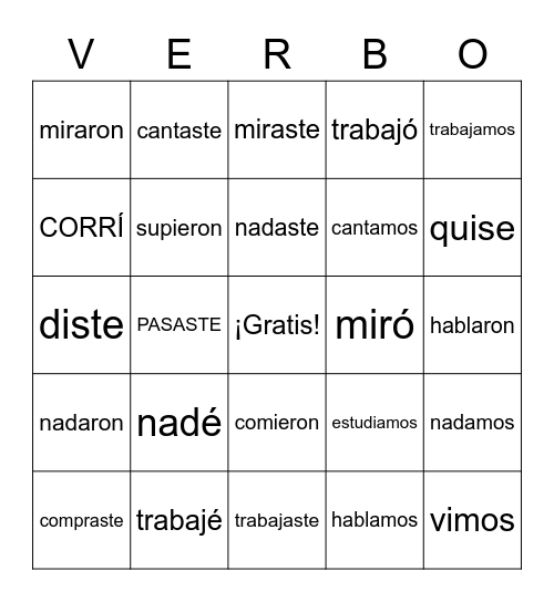 Los verbos en el pretérito -AR-ER IR Bingo Card