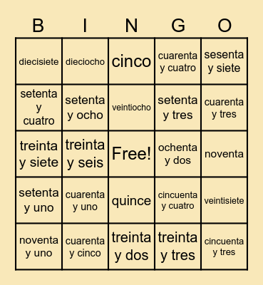 Numeros Bingo Card