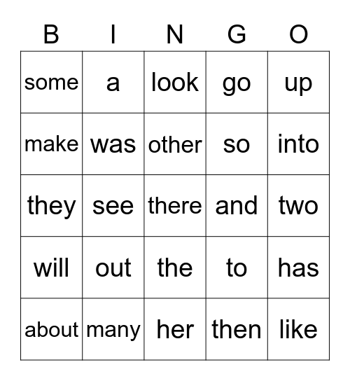 Sight Word Bingo Card
