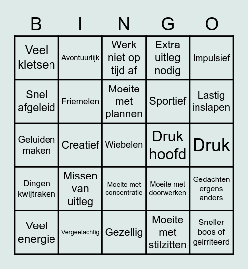 ADHD kenmerken Bingo Card