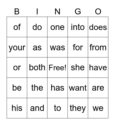 Sight Words Step 1 Bingo Card
