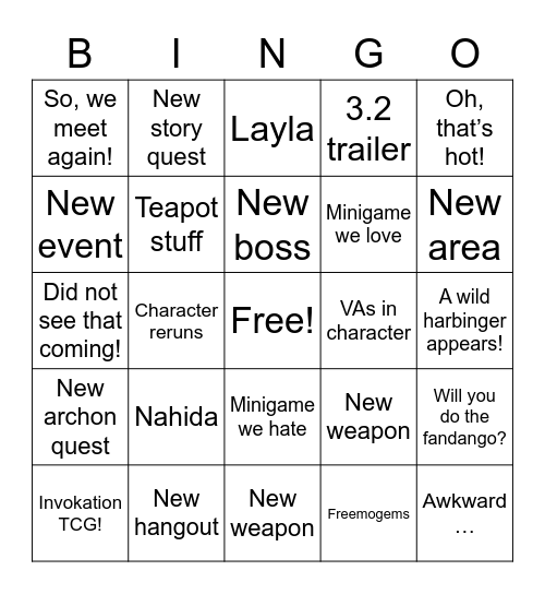 Genshin 3.2 Bingo Card