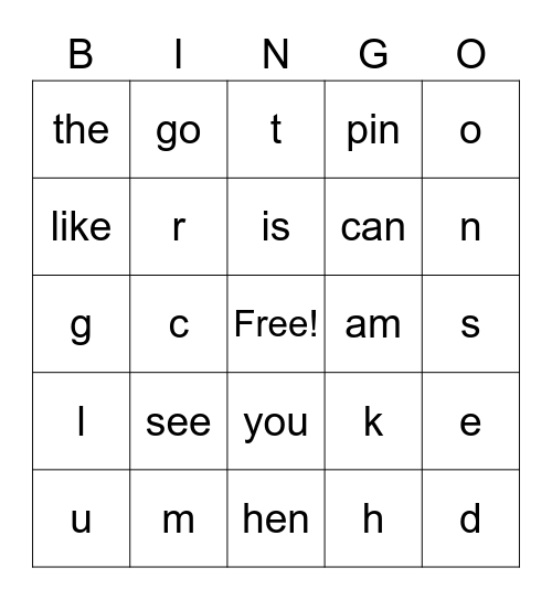Letter/Word Bingo Card