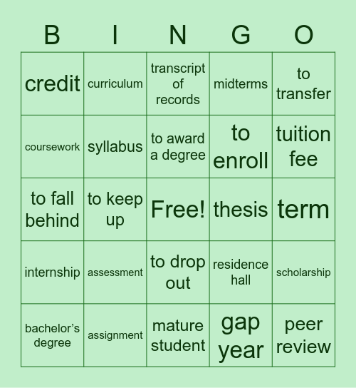 University Life Bingo Card
