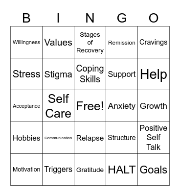 Recovery Bingo Card