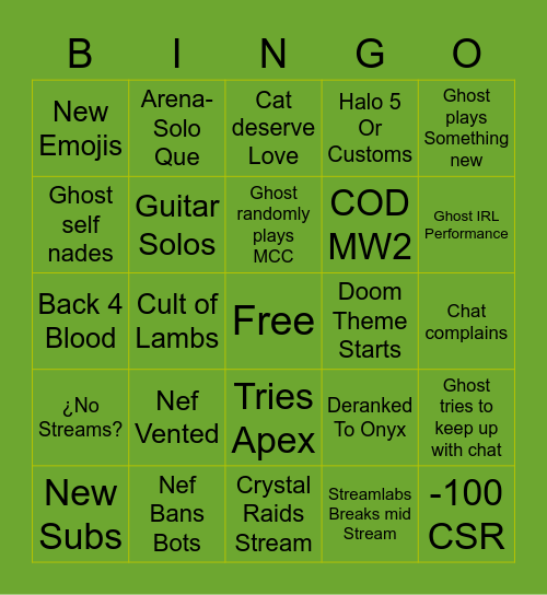 Ghost’s Stream Bingo Card