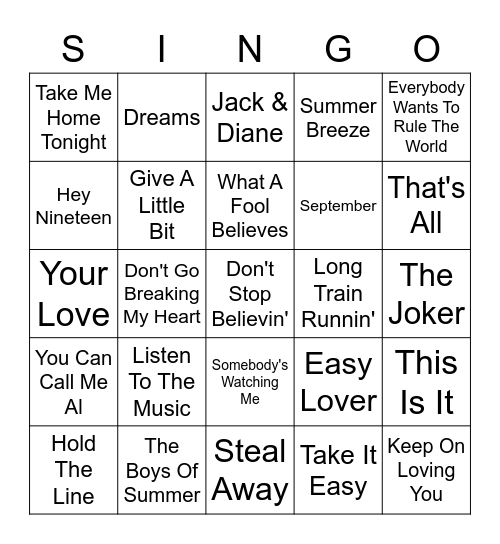 Music Bingo - Yacht Rock Bingo Card