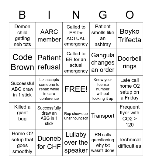 Respiratory Care Week Bingo Card