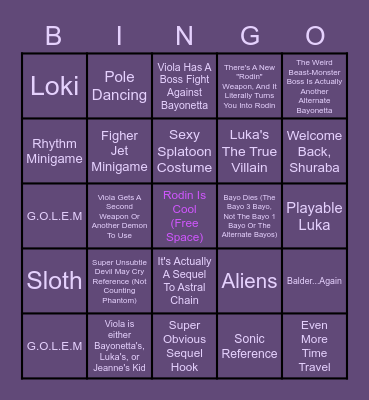 Bayonetta 3 Predictions Bingo Card