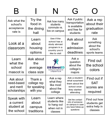 518 ElevatED College Visit Bingo Card