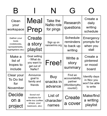 Worldsmyths NaNoWriMo Prep Challenge Bingo Card