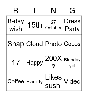 Noor’s Birthday Bingo Card
