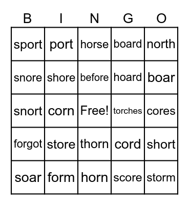 Corn Sound Spelling Bingo Card