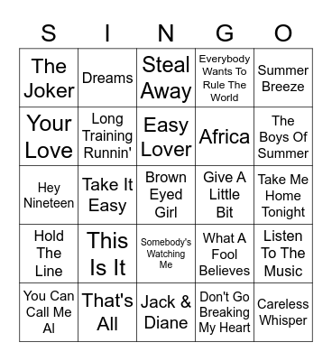 Music Bingo - Yacht Rock Bingo Card