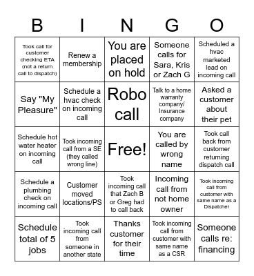 Call Center Bingo Card