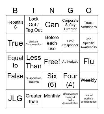 Safety Bingo Card
