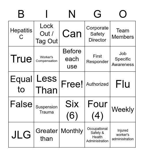 Safety Bingo Card