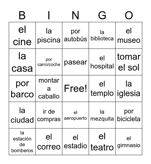 En el pueblo/las preposiciones Bingo Card