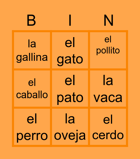 animales de granja Bingo Card