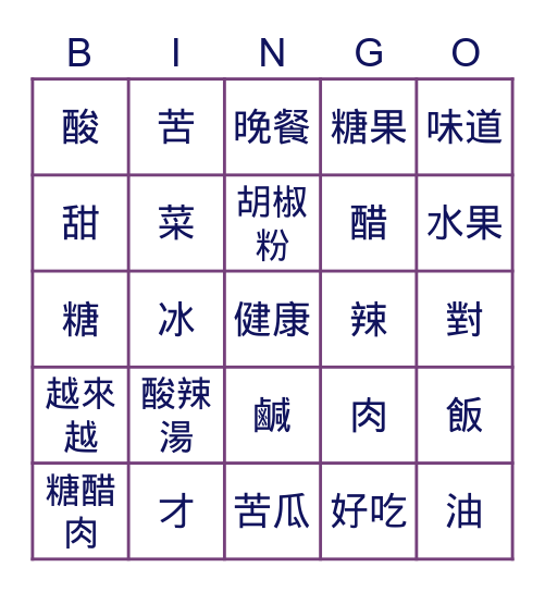 Lesson 4 晚餐真好吃_ 生詞短語 Bingo Card