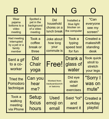 Remote Work Bingo Card