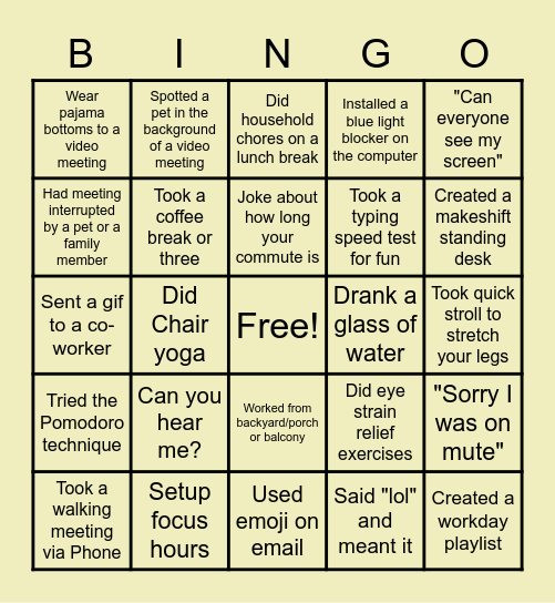 Remote Work Bingo Card