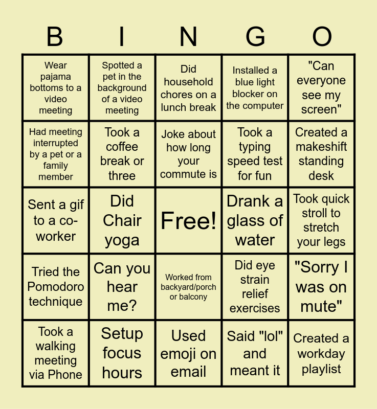 Remote Work Bingo Card