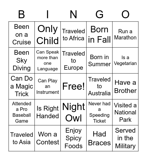 Team Building Bingo Card