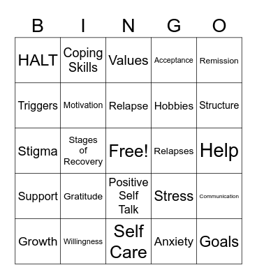 Recovery Bingo Card