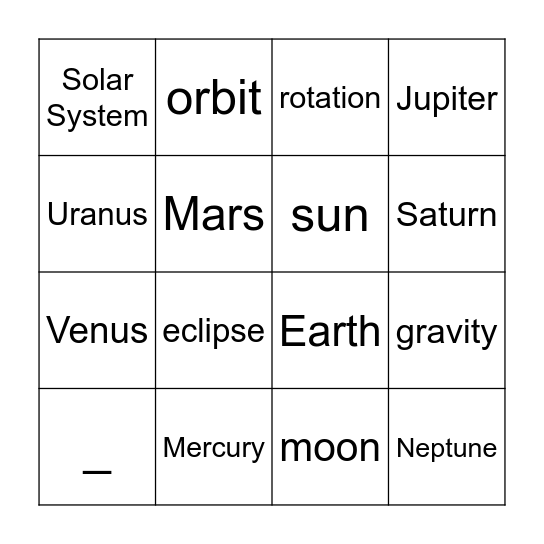 Solar System Bingo Card