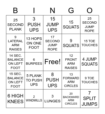 Fitness Bingo Card