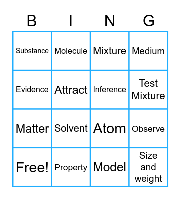 Modeling Matter Vocabulary Review Bingo Card
