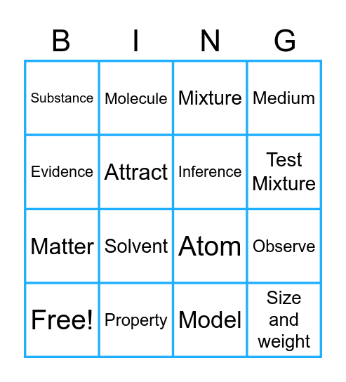 Modeling Matter Vocabulary Review Bingo Card