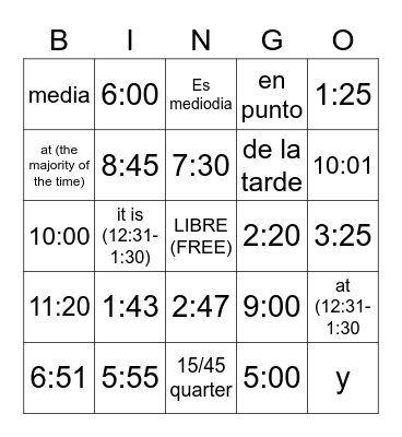 SPANISH TIME TELLING Bingo Card
