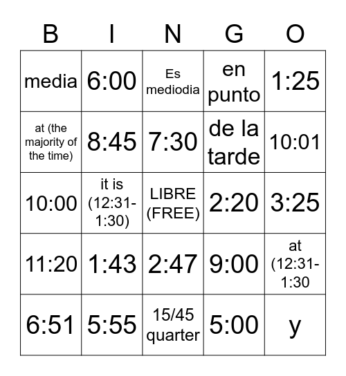 SPANISH TIME TELLING Bingo Card