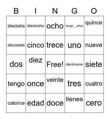 Edad y números Bingo Card
