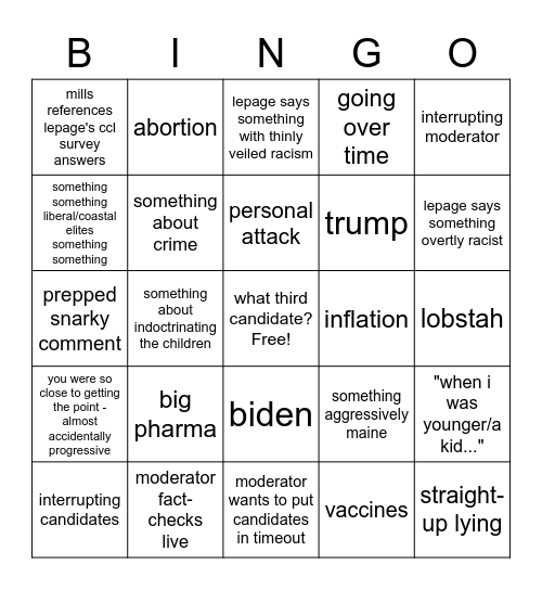 gov debate 10/24 Bingo Card