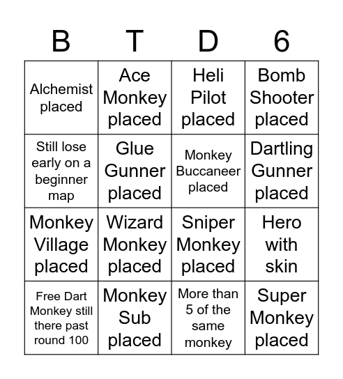 BingoTD6 (for coop matches) Bingo Card
