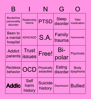 Mental Health/Trauma Bingo Card