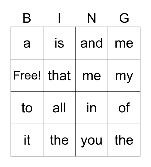 Sight Word #1 A/J Bingo Card