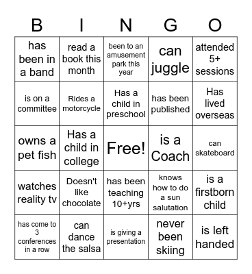 Getting to Know Va AHPERD Members Bingo Card